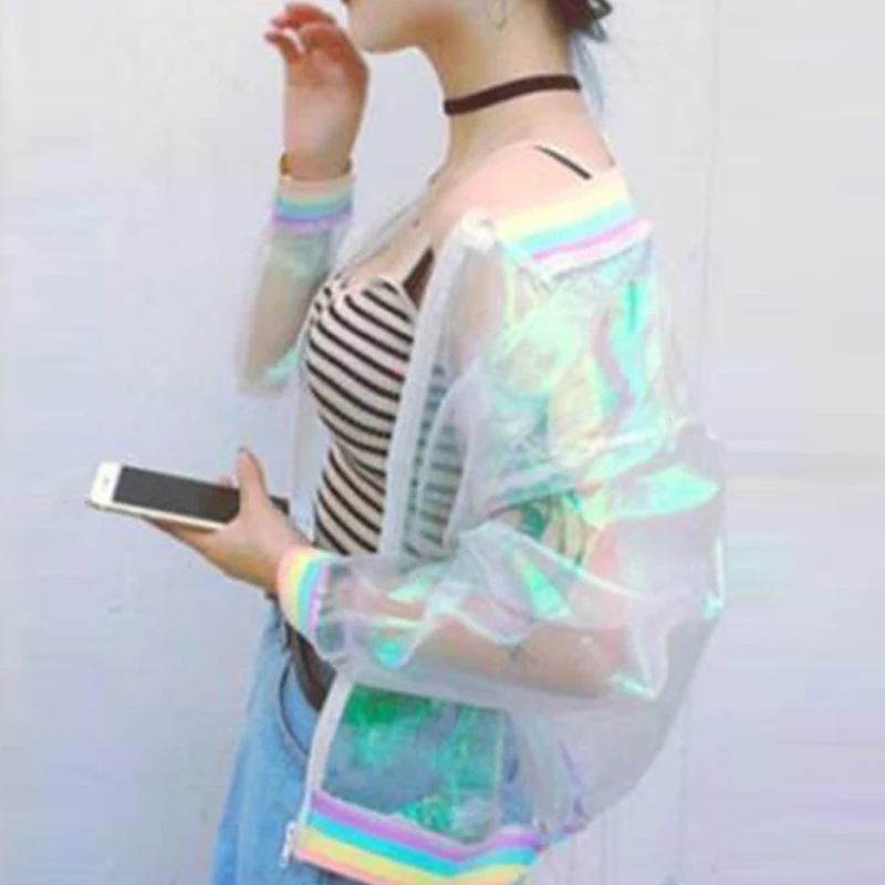 

Autumn Summer Jacket Laser Rainbow Women Coat Clear Iridescent Holographic Transparent Bomber Jacket Sunproof Coat Harajuku
