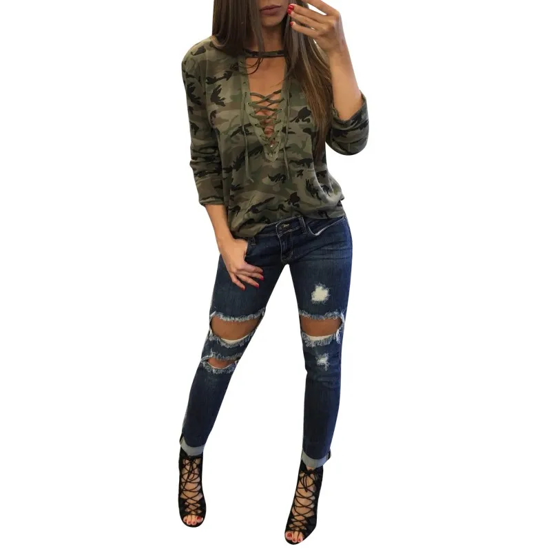 

Sexy Womens Tops Lace Up V-neck Long Sleeve Camouflage Casual T-Shirt S72