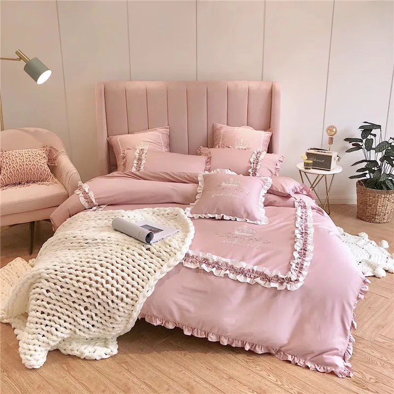 Best 60 Egyptian cotton Embroidery Ruffles Pink Princess Girl Bedding sets Duvet Cover Bed Sheet Linen Pillowcases Queen King 4 7pcs
