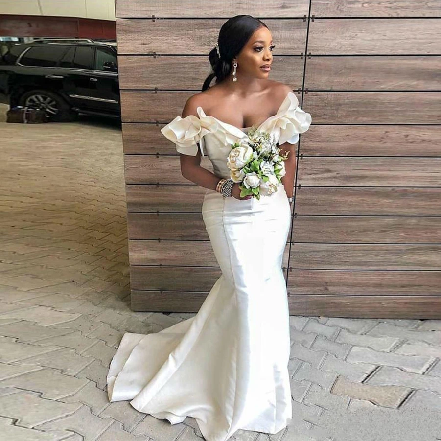 

Country Mermaid Prom Dresses Ruffled Off The Shoulder Wedding Guest Dress Sweep Train Satin Plus Size Maid Of Honor Gowns