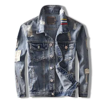 

Mcikkny Fashion Men's Ripped Jeans Jacket Hip Hop Motorcycle Distressed Hole Denim Jacket Outwear For Male Size M-2XL