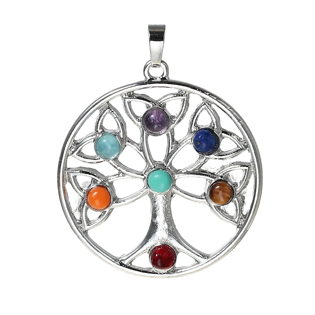 8SEASONS Created Chakra Gem Stone Pendants Round Silver Tone Color Tree