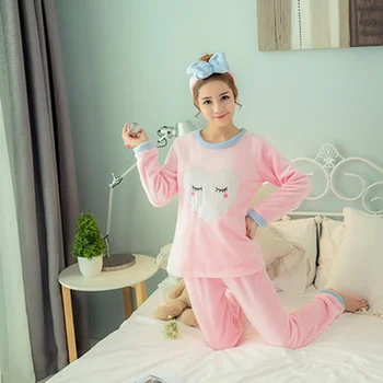 

2 PIECE Winter Pajama Set Nightwear Pijama women lingerie Flannel Pyjama Cute Full Length Warm Cartoon home clothes