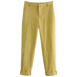 WOSU Для женщин из хлопка и льна Высокая Талия одноцветное Цвет брюки Повседневное плиссированные прямые брюки мягкие ламинированной ткани