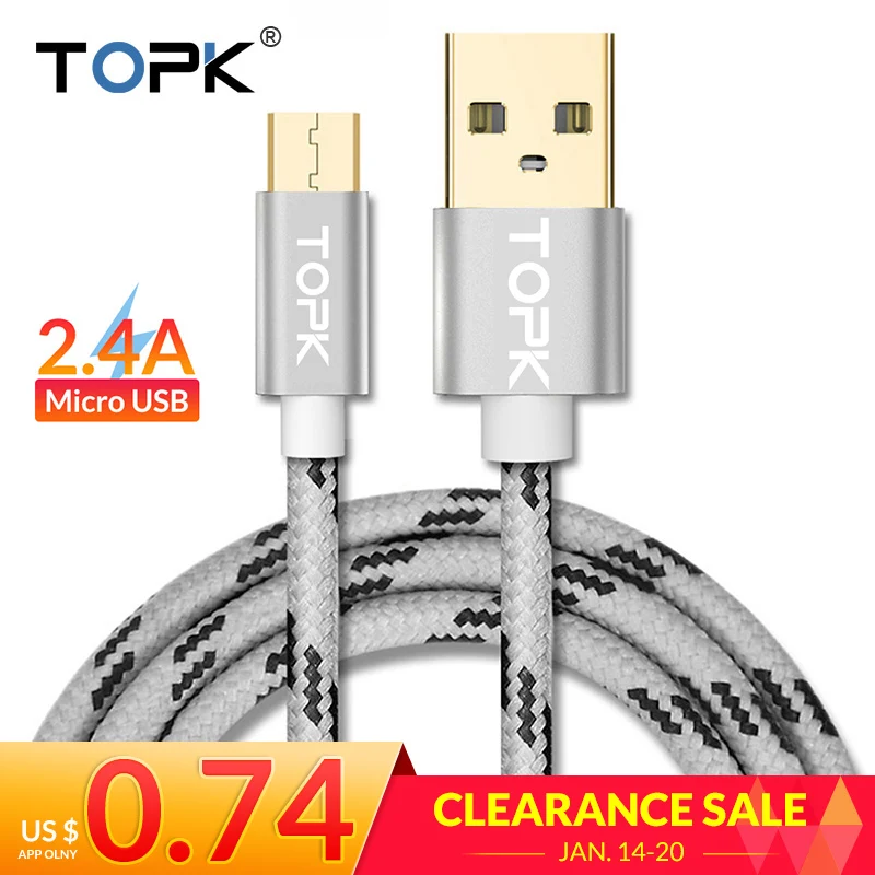 TOPK Cable Micro USB 2.4A rápido de sincronización de datos Cable de carga para Samsung Huawei Xiaomi LG Android Microusb Cables de teléfono móvil