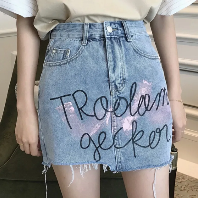 

Summer Korean High Waist Irregular Brushed Hem Jeans Mini Skirt Female Casual Letter Printing A-line Denim Short Skirts Women