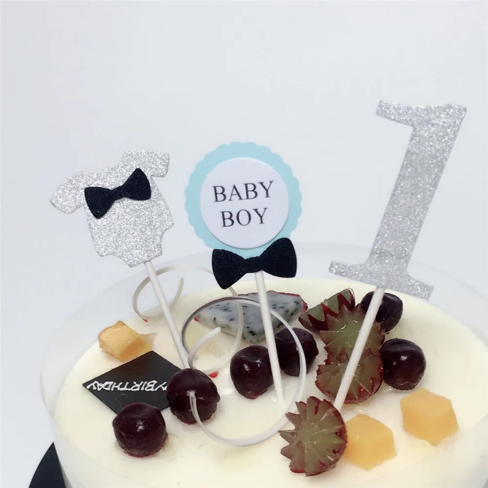 

3pcs/set Baby Shower Cake Decor Supplies Sparkling 1st birthday Blue/Pink Ribbon Bow Cupcake Topper Birthday Decor