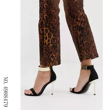 

10CM Women High Heels Sandals Open One Band Ankle Strap Metal Decoration Back Zip Gold Heeled Ladies Elegant Party High Sandals