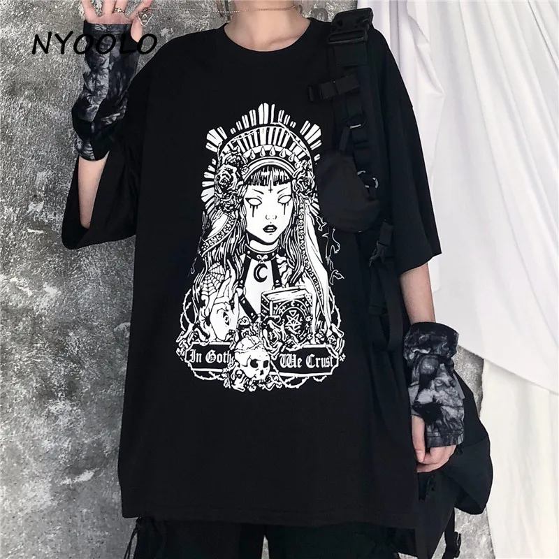 

NYOOLO Harajuku style comics horror girl letters print tee shirt Summer street loose short sleeve T-shirt women men clothing top