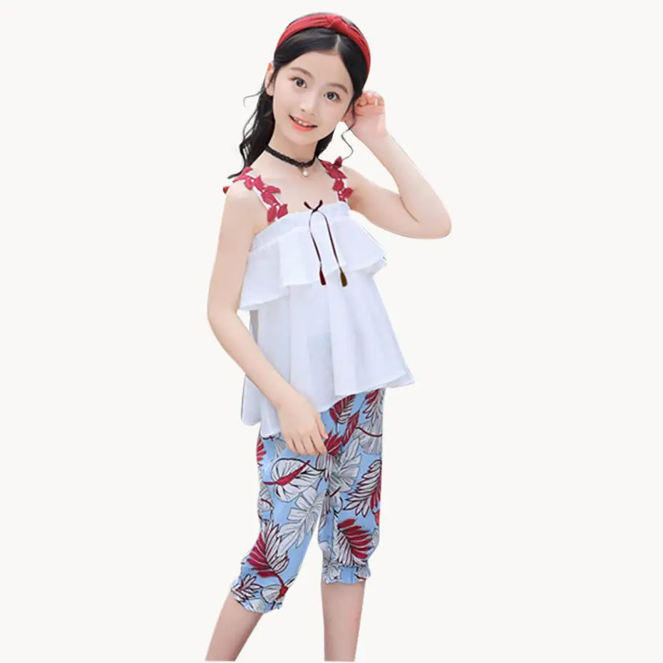 

Summer Clothes For Girls Lace Neck Vest + Floral Pants 2PCS Girls Clothing Teenage Children'S Summer Suits 6 8 10 12 13 14 Year