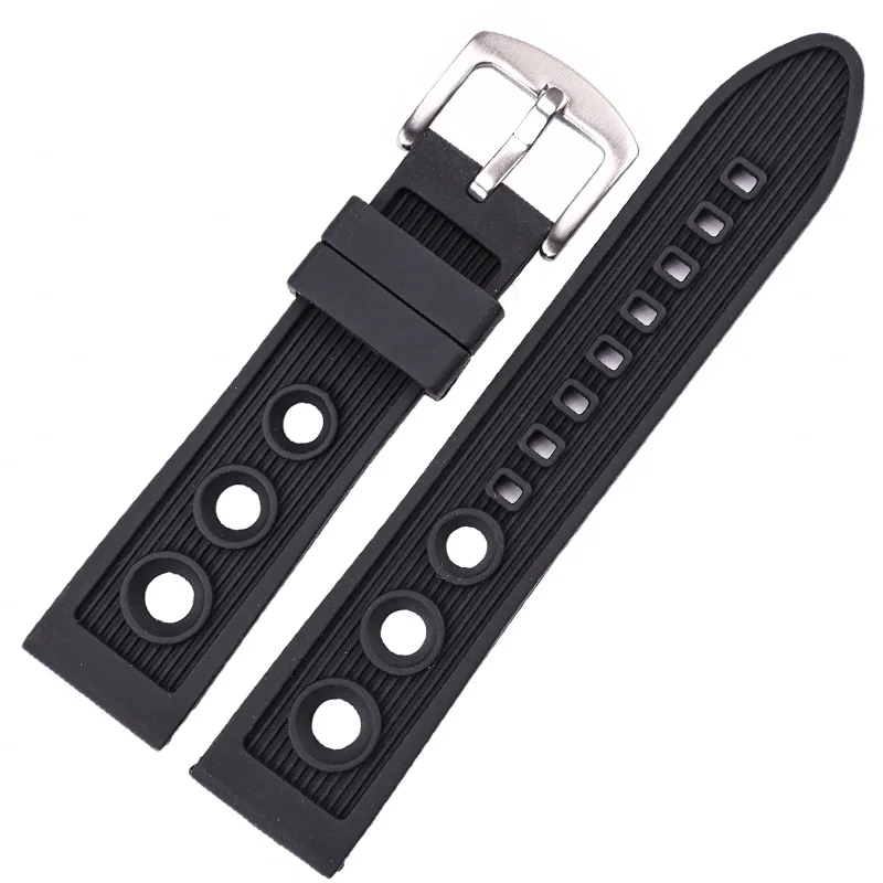 Men's Soft Diving Watch Band with Metal Pin Buckle in Black and Blue Rubber