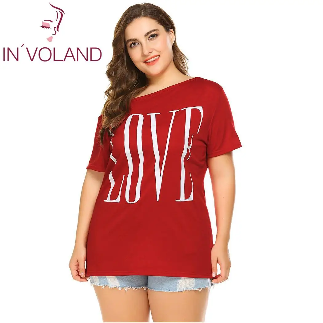 

IN'VOLAND Women T-Shirts Tops Oversized Loose Off Shoulder Short Sleeve Letter Print Casual Pullovers Tshirt Tees Plus Siz