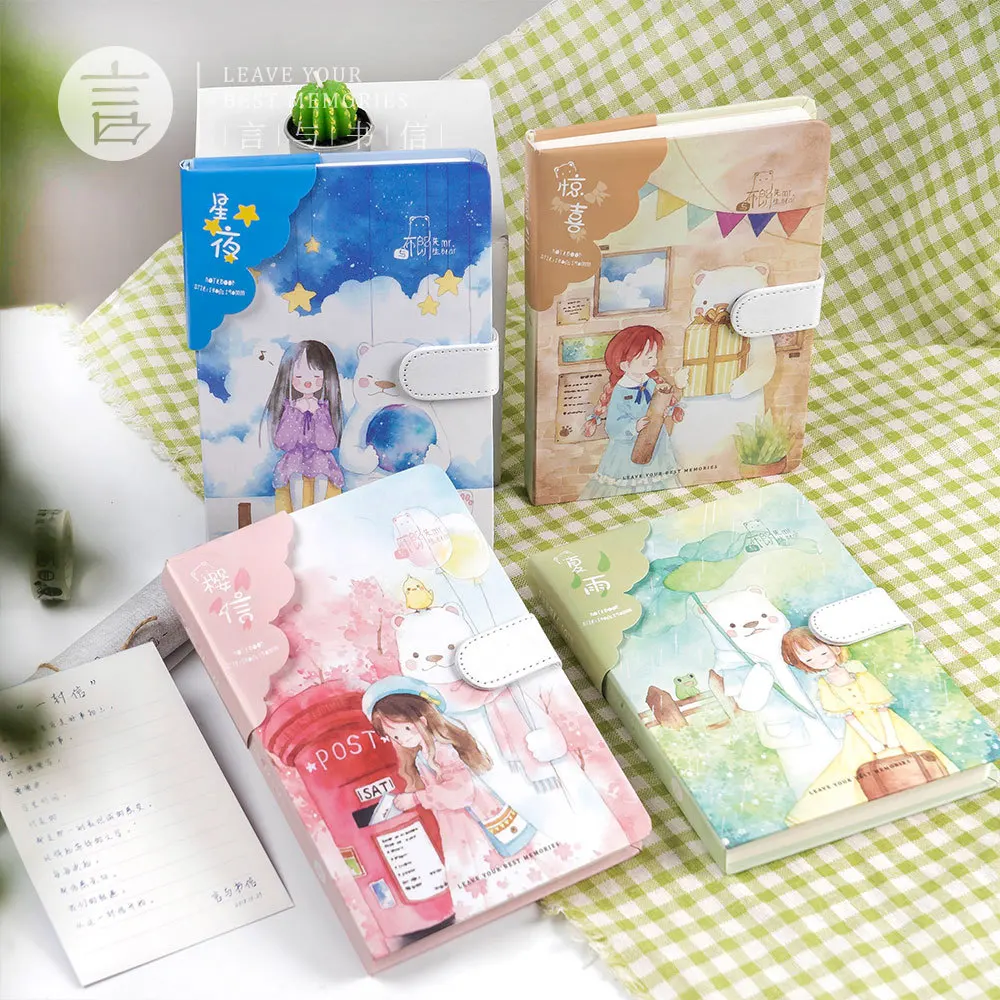 

Coloffice Words Series Notebook Magnetic Buckle Hardcover Cute Cartoon Pockets Horizontal Line Grid Blank Notepad Random 1Piece