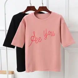 Простые Письма футболка с коротким рукавом для женщин Лето корейский стиль свободные розовые футболка Женская Досуг краткое Chic хлопковая