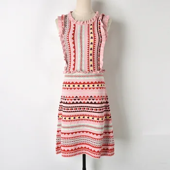 

Summer new sleeveless dress women pink cute ruffles slim knitting tank dress