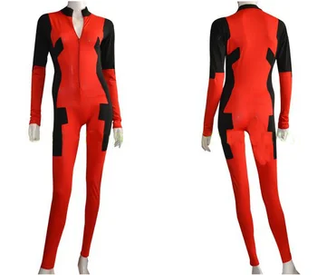 

Black and Red Deadpool Cosplay Costume Lycra Spandex Halloween Woman Zentai Catsuit No Mask Freeshipping