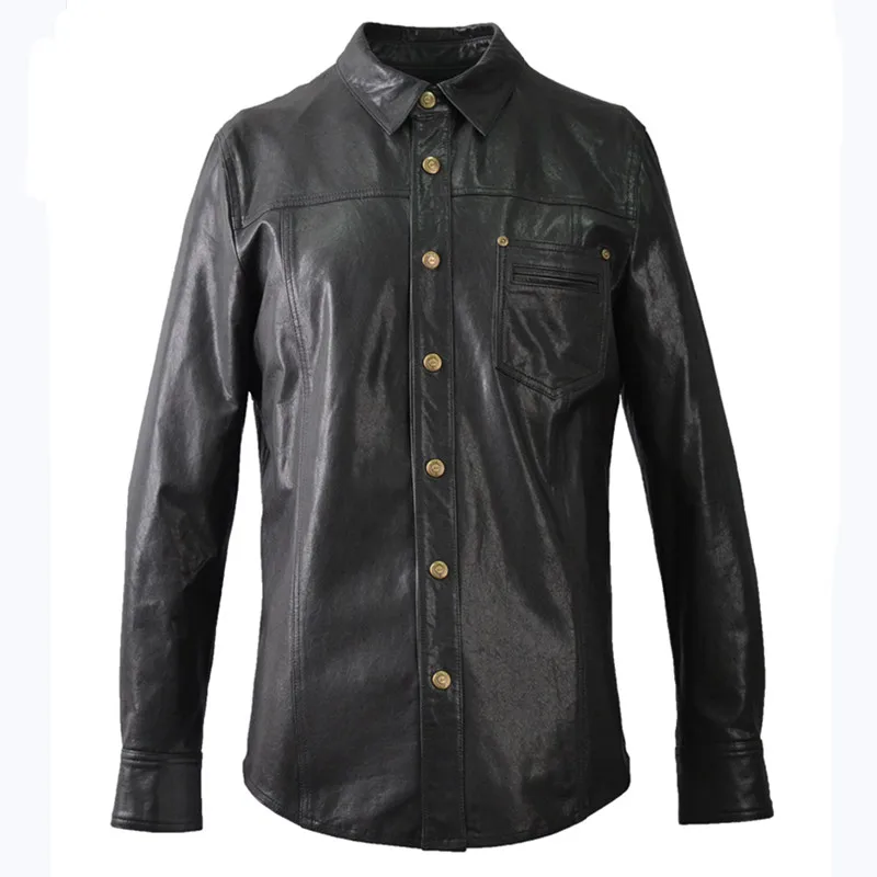 

2020 Black Men Fashion Casual Leather Shirt Single Breasted Plus Size XXXXL Genuine Thin Sheepskin Natural Coat FREE SHIPPING