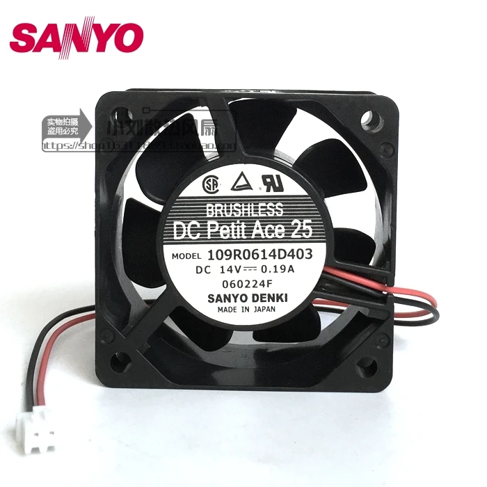 

6025 14V 60mm 0.19A Вентилятор охлаждения с двойным шарикоподшипником 109R0614D403 2 провода 60*60*25 мм