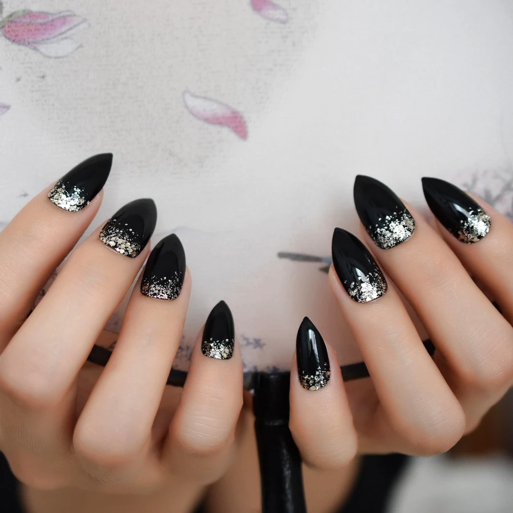 Градиентный прозрачный черный французский пресс на накладных ногтях Типсы на шпильках легко носить блестящие Серебристые блестящие овальные острые DIY дизайнерские ногти - Цвет: L5054