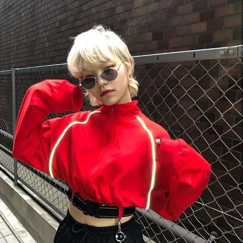 Auyiufar Reflective Long Sleeve Sweatshirt Red Zipper Fly Cropped With Belt Fashion Loose Streetwear Shinning Moletom Women Tops