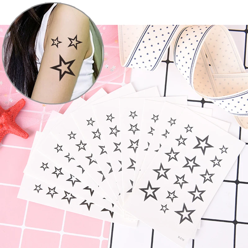 

10sheets/pack Beauty Decal Tattoo Sticker Hollow Solid Black Five-pointed Stars Hollow Waterproof Temporary Tattoo Stickers