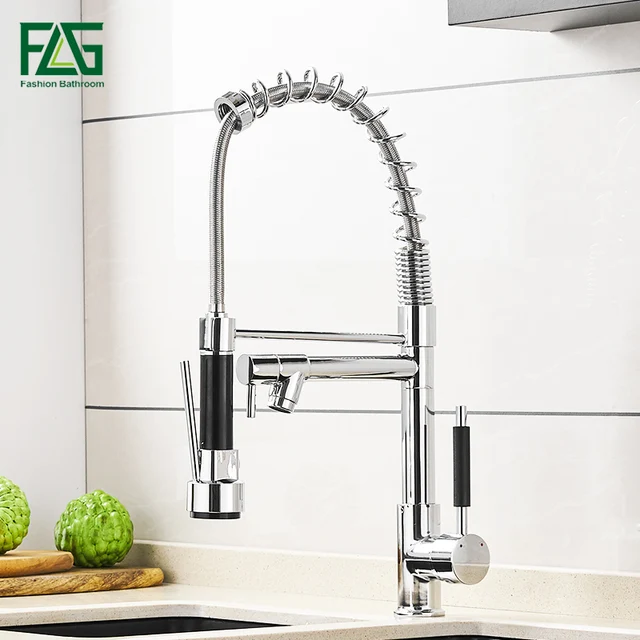 Cheap FLG Kitchen Faucet Chrome Silver Brass Pull Out Spring Kitchen Sink Faucet Swivel Spout Tall Vessel Mixer Tap Torneira Cozinha