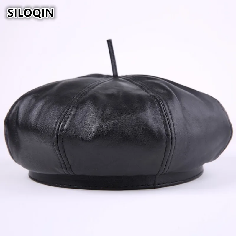 

SILOQIN Winter Women's Warm Sheepskin Leather Berets 2019 New Style Female Brands Cap Elegant Genuine Leather Hats For Women