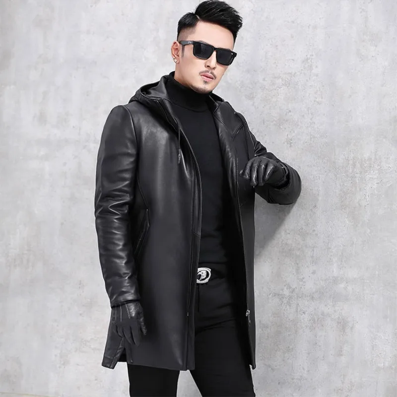 

Snowimage Winter Genuine Leather Coat Men's Hooded Sheepskin Down Jacket Long Warm Tops Thickened Down Coat