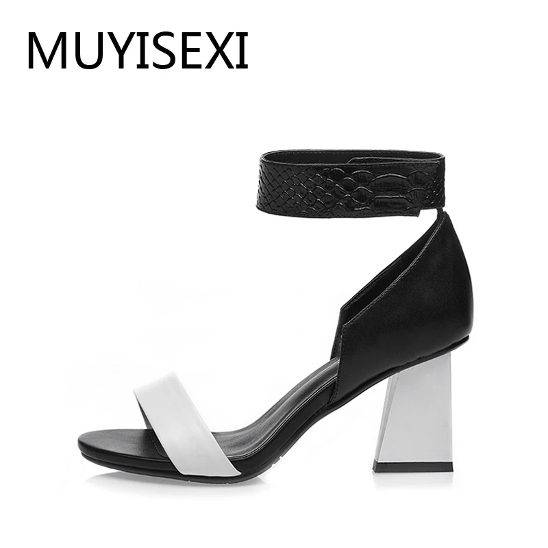 

Open Toe Genuine Leather Womens Sandals Summer 7 cm High Heels Sandals Summer Ankle-wrap White Black L026 MUYISEXI