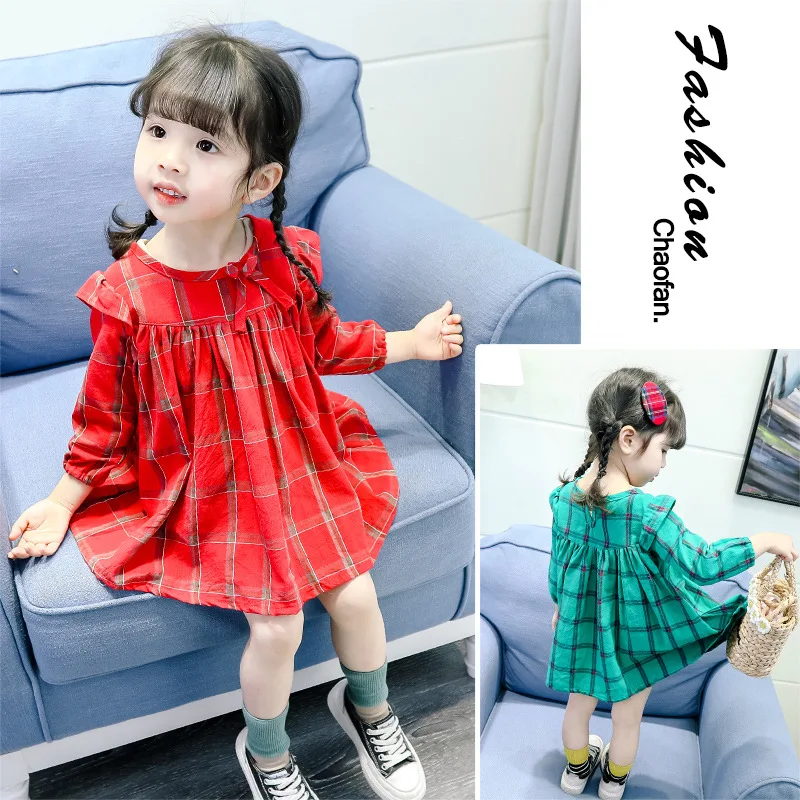 

Girl dress 2019 Spring and autumn season new children's Plaid doll dress baby red fashion princess dress 12M-2T-3T-4T-5T-6T