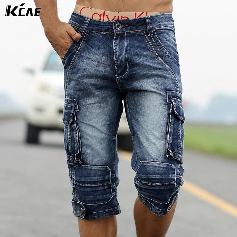 

Free shipping Plus Size 29-40 vintage denim shorts men water wash tooling denim capris american slim men casual capris
