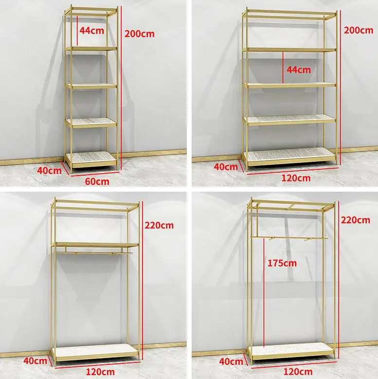 Новая модная одежда магазинный демонстрационный стеллаж для выставки товаров, простые золотые пол-стиль Женская Одежда для хранения данных на стене