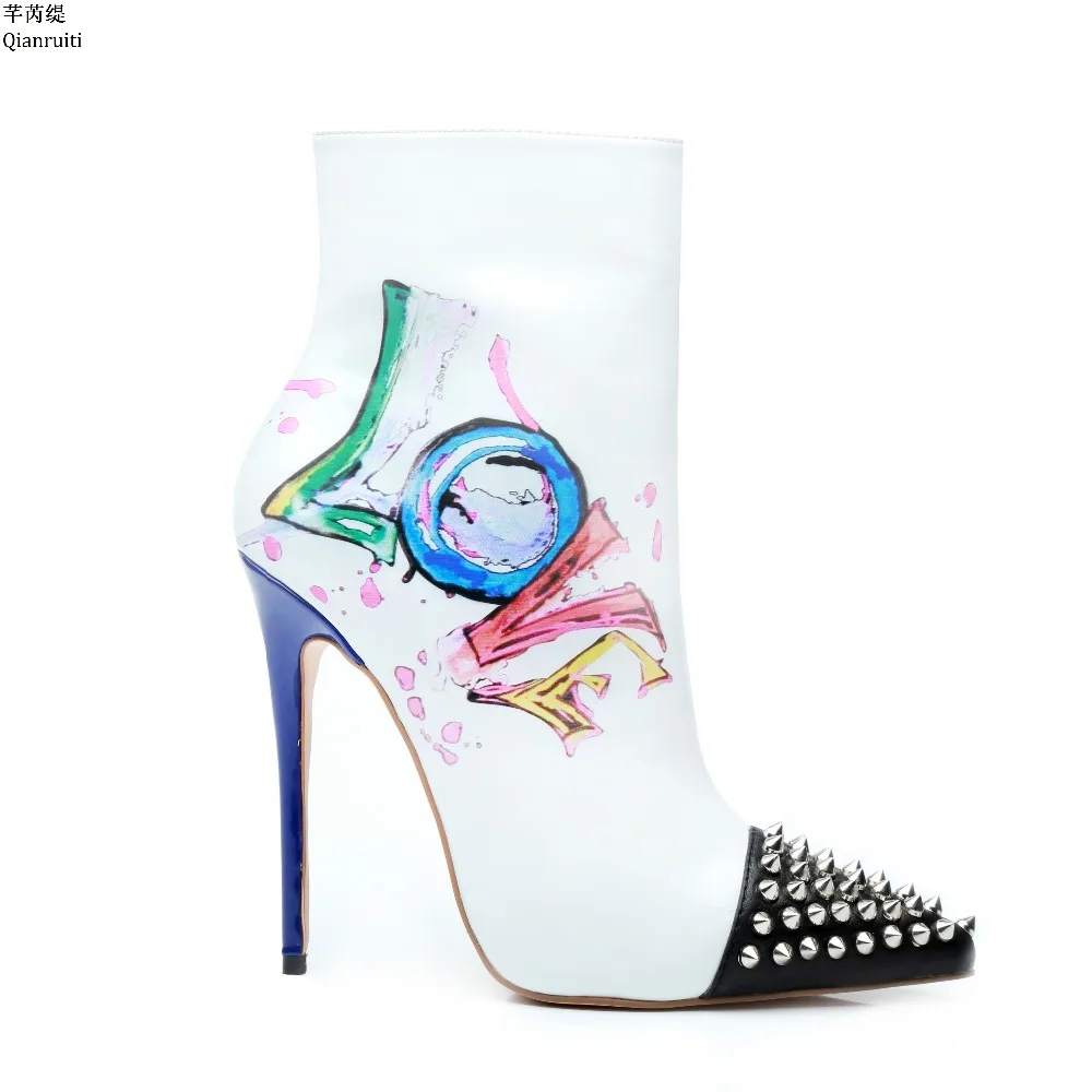 

Qianruiti Printing Leather Women Ankle Boots Studded Rivets Pointed Toe High Heels Shoes Side Zipper Stiletto Heels Women Pumps