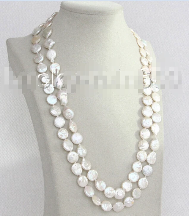 

FREE SHIPPING length 48" 12mm coin fastener white pearls necklace E9079