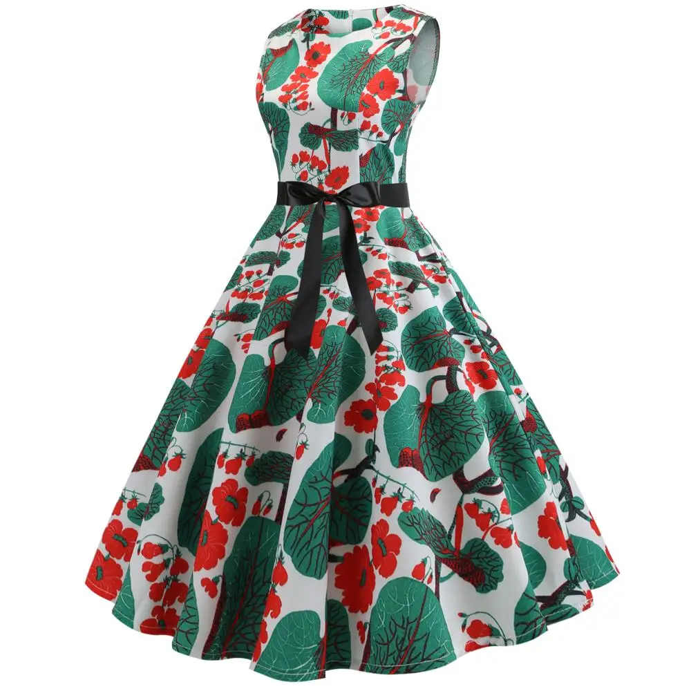 2019 Summer new Hepburn wind restoring ancient ways to receive show thin waist posed dress send printing ribbon flora korean