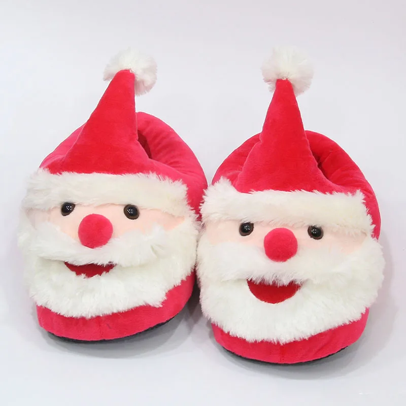 Merry Christmas Cute Santa Plush Indoor Slippers For Adults Kids Christmas Winter Heel Covered