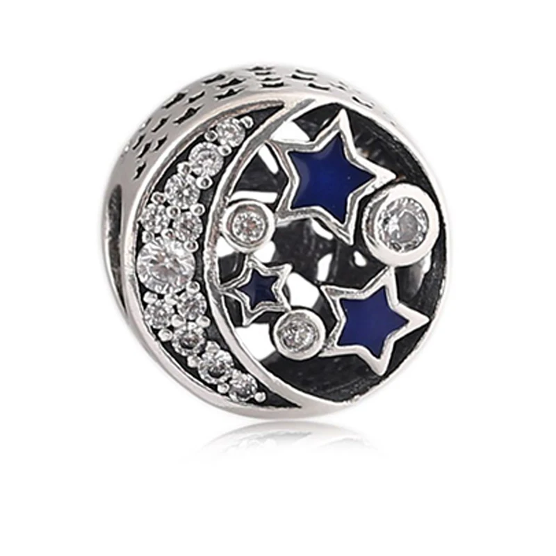 

Fits Bracelet Charm Jewelry with Women's Party Gifts Zircon Blue Star Moon 925 Sterling Silver Jewelry Beads