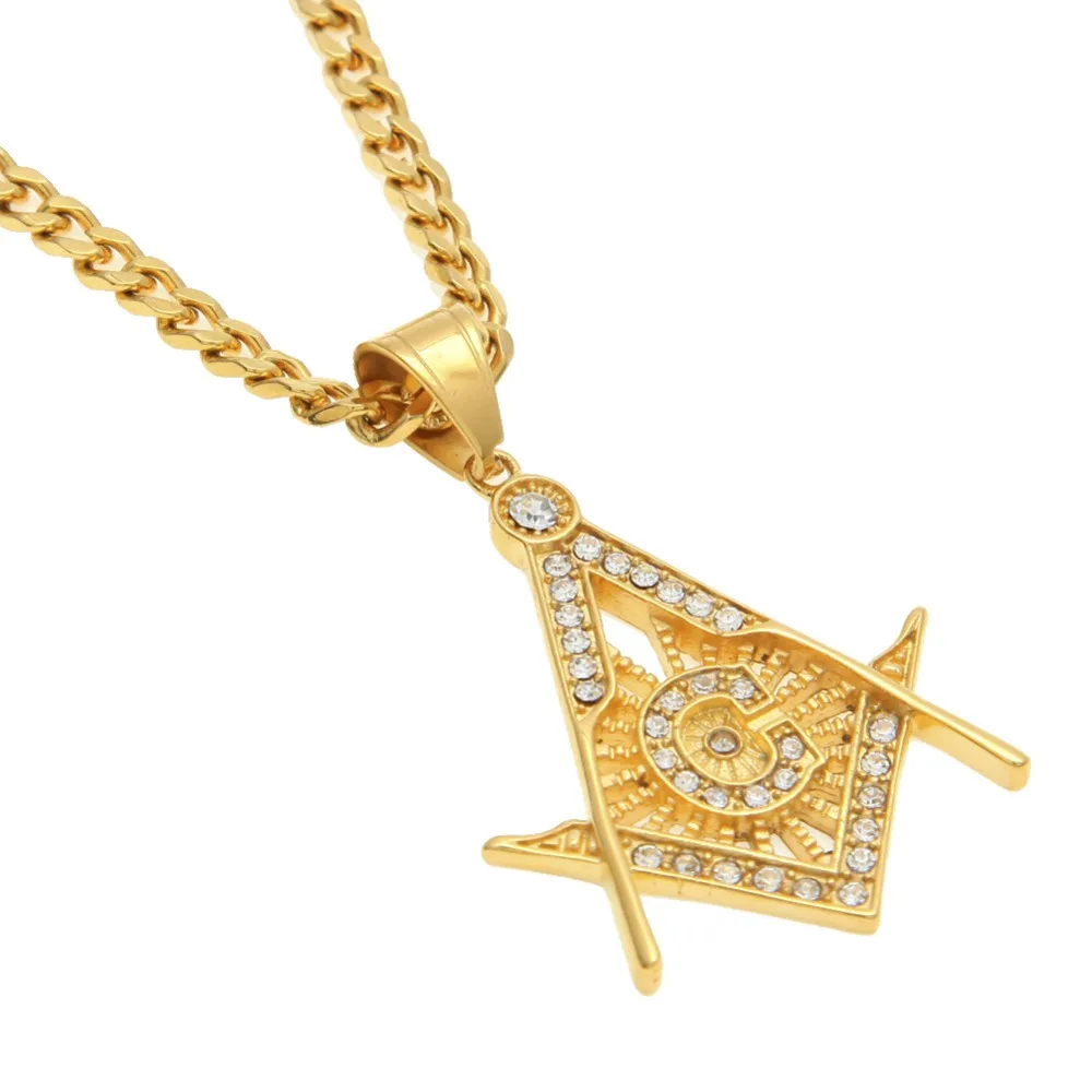 

High Quality Retro Men's Gold Color Titanium Steel Masonic Symbol Pendant Necklace Men Women Fashion Freemason Jewelry