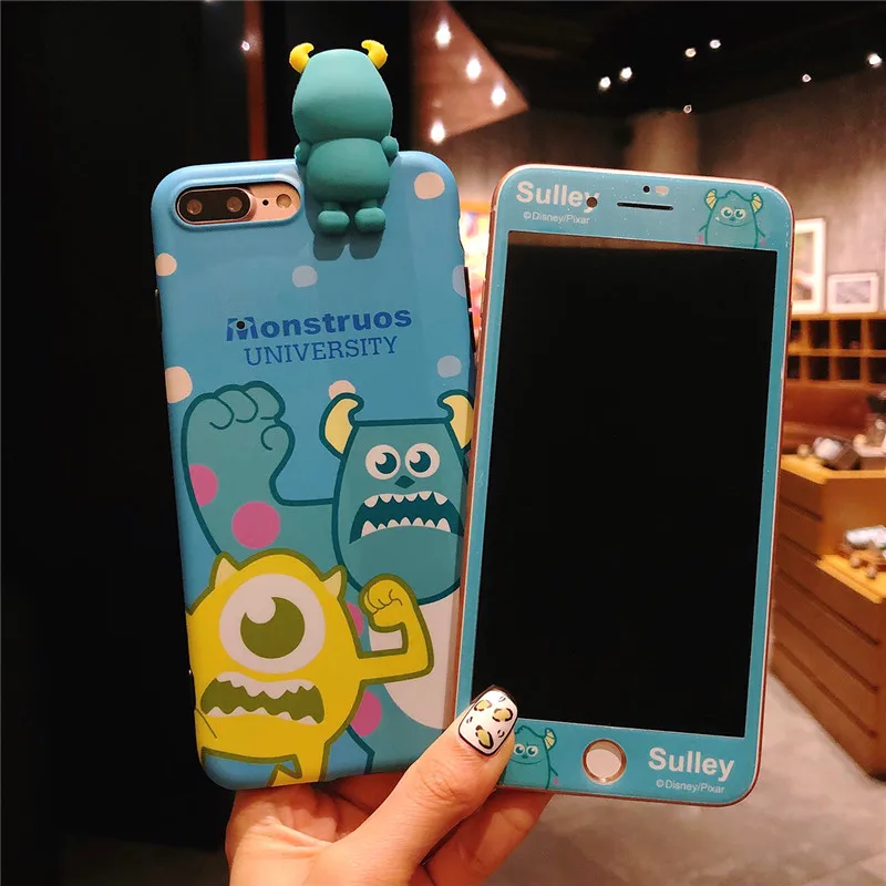 

Cute Cartoon Monsters 3D Sully Mike phone Cover + Tempered Glass Screen Protector Cases for iPhone X XR XS MAX 7 8 6 S Plus Capa