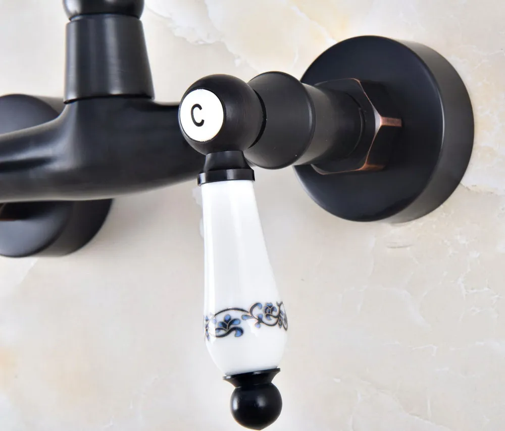 Kitchen Wet Bar Bathroom Vessel Sink Faucet Black Oil Rubbed Brass Wall Mounted Swivel Spout Mixer Tap Dual Ceramic Lever mnf826