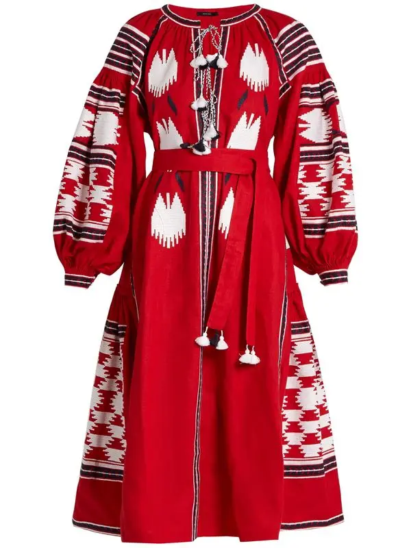 Туфли в стиле Mori girl, в богемном стиле, украшенное вышивкой платье дизайнерский с длинными рукавами в этническом стиле платья с кисточками праздничное платье вечерние платья - Цвет: Красный