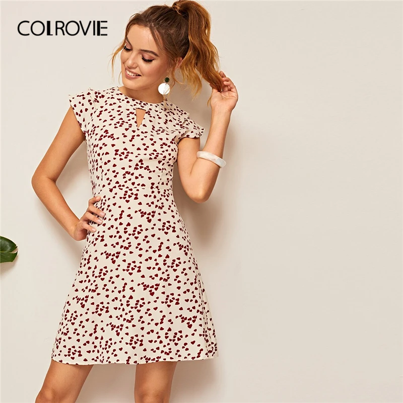 

COLROVIE Apricot Confetti Heart Print Keyhole Boho Dress Women 2019 Summer Cap Sleeve Holiday Cute Short Girly Dresses