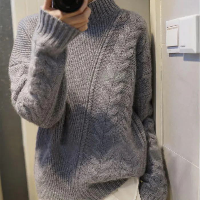 Женский свитер зимний двойной утолщение свободный круглый вырез женский кашемировый свитер однотонный длинный рукав теплый вязаный пуловер - Цвет: Серый