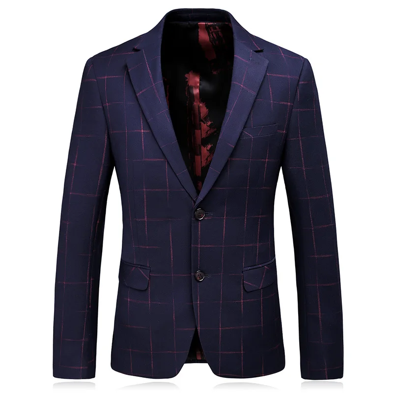 Leisure Suit for Men Wine Red Formal Blazers Business Casual Lattice