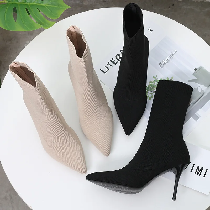 Botas de media caña para mujer, zapatos de tacón alto sexys de 9cm, con  punta puntiaguda, sin cordones, para otoño|Botas a media pantorrilla| -  AliExpress