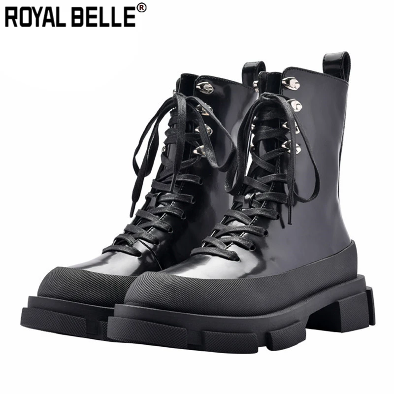 

Royal Belle Punk Style Black Women Ankle Boots Thick Heel Creepers Riding Boots Lace Up Autumn Botas Mujer Platform Rubber Shoes