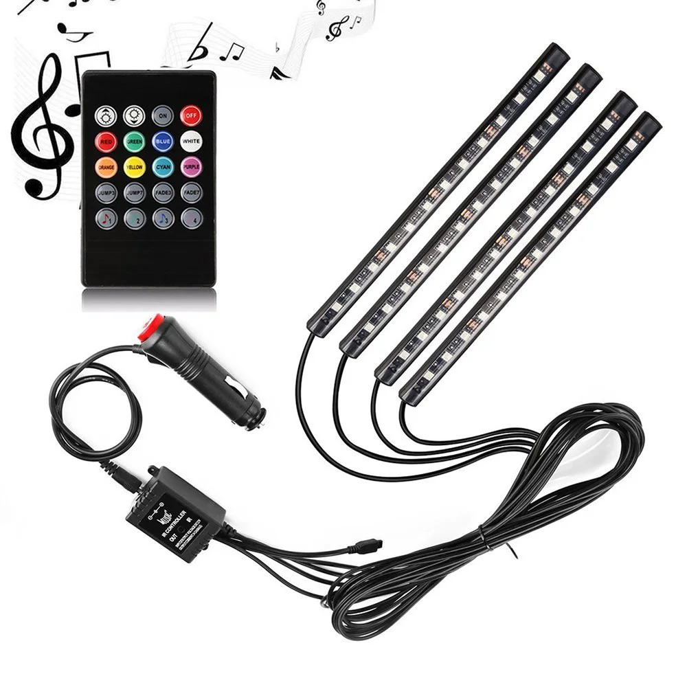 

Car RGB LED Strip Light 4Pcs Car Interior DC 12V Multicolor Music Remote Control LED Under Dash Lighting Auto Decorative Kit