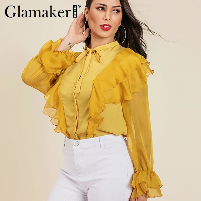 

Glamaker Chiffon sexy basic yellow blouse shirt Female summer ruffles office blouse Women lantern sleeve causal ladies blouses