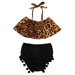 Модный комплект из 2 предметов для новорожденных девочек, футболка с поясом леопардовая короткая футболка + короткие штаны, комплект