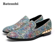 Batzuzhi Luxury Italy Fashion Men Shoes Shinny Glitter Wedding Loafers Men Genuine Leather Men Dress Shoes Party, Big Size 38-46 vivodsicco fashion gold metal signature shark tooth genuine leather men loafers carved bullock party men printing dress shoes